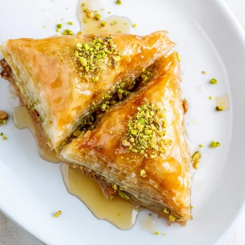 Golden, flaky Turkish Hazelnut & Pistachio Baklava, a sweet dessert, glistening with honey syrup.