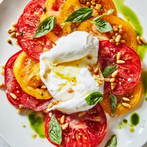 A vibrant Heirloom Tomato Salad Board with creamy burrata, fresh basil oil, and colorful sliced tomatoes, arranged on a wooden platter.