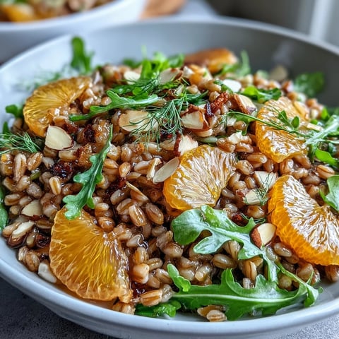 Toasted almond slices rest atop a vibrant Farro Salad with Fennel, Oranges, and Almonds, dressed in a citrus vinaigrette.