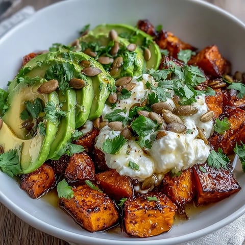 Golden roasted sweet potato cubes with crispy edges, creamy avocado slices, and cottage cheese topped with spicy hot honey drizzle.