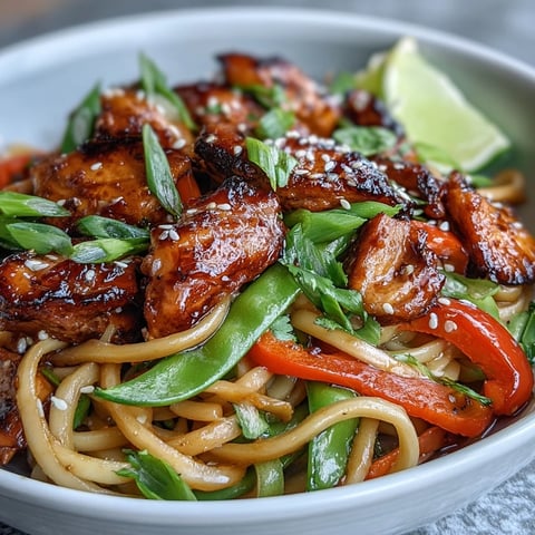 Sesame Chicken Noodle Bowl served with chopsticks, featuring tender chicken, crisp bell pepper, carrots, and glossy sesame sauce.