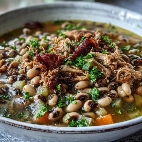 A bowl of Black-Eyed Peas With Smoked Turkey, garnished with fresh parsley and a dash of hot sauce.