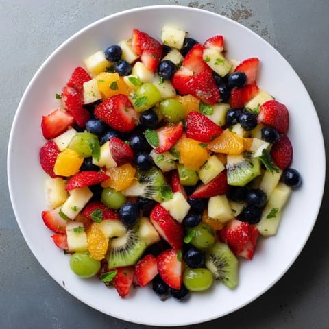Fresh, chilled Refreshing Fruit Salad showing plump berries mixed with a bright citrus honey dressing.