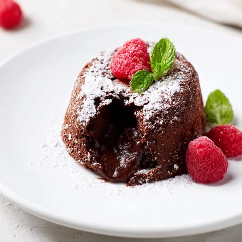 A rich, dark chocolate mini lava cake with a molten center, dusted with powdered sugar.