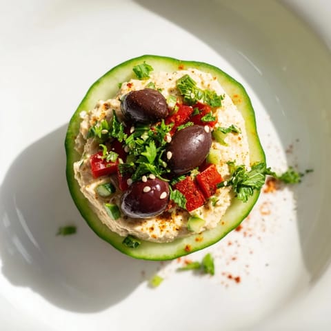 Fresh Quick Hummus and Cucumber Bites, a vibrant appetizer with creamy hummus and colorful garnishes.
