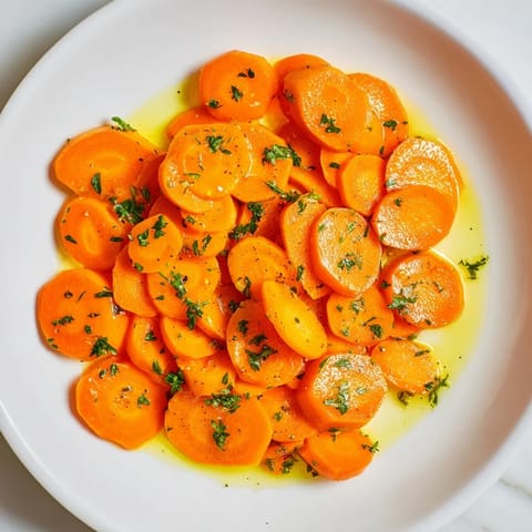 Golden Honey-Glazed Carrots: Vibrant orange carrots coated in a sweet, glistening glaze, ready to serve warm.