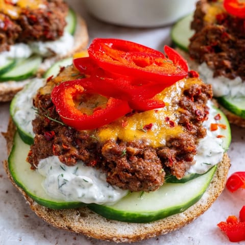 Mouthwatering image of a stacked Fire & Ice Burger, showing the contrast of spicy and cool flavors.