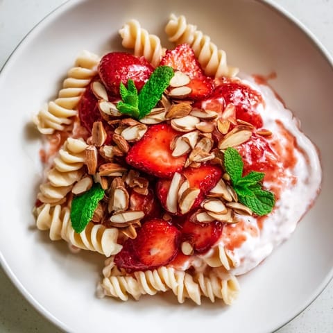 This photo features the Sweet Strawberry Yogurt Pasta, ready to enjoy with a drizzle of yogurt on top.