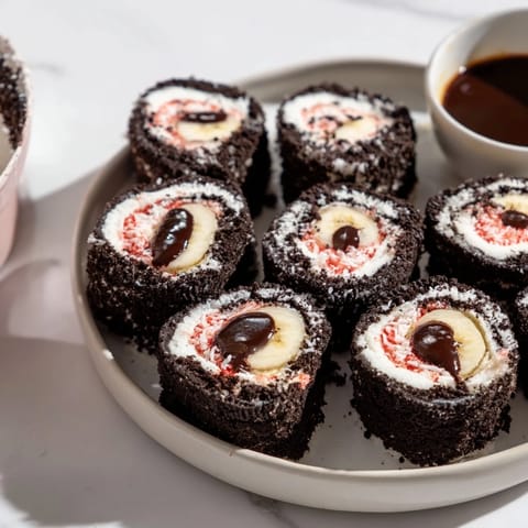 Sweet and creamy Oreo Cookie Sushi Rolls with banana slices, ready to be dipped.