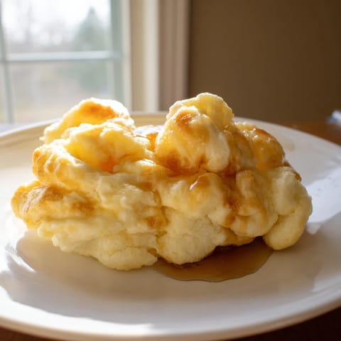 This image shows delicious fluffy scrambled pancakes, with blueberries and a drizzle of maple syrup ready to eat.