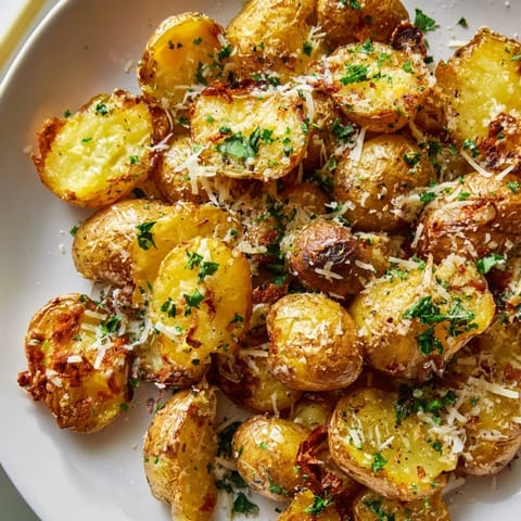 Smashed Garlic Parmesan Potatoes, fragrant with garlic, generously coated in Parmesan cheese and herbs.