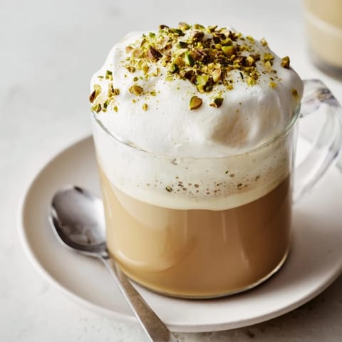 A luxurious Pistachio Latte displays rich, creamy layers in a glass, ready for a delightful sip.