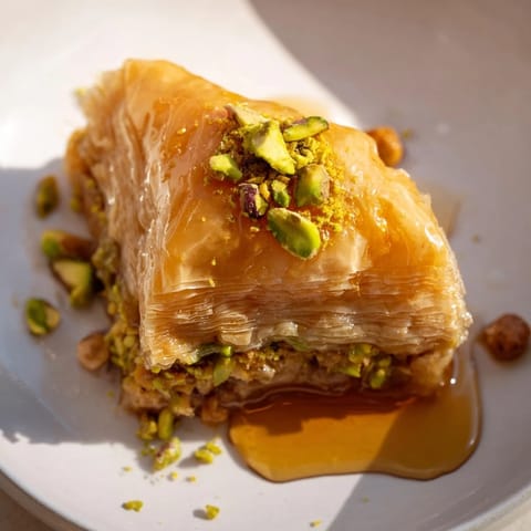 Close-up of the delicious Turkish Hazelnut & Pistachio Baklava, layered with nuts and drizzled syrup.