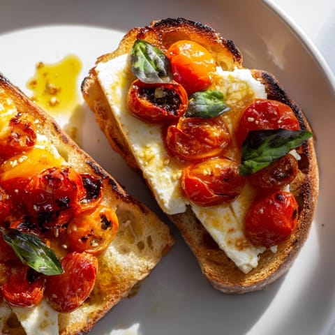 Crusty sourdough slices with warm baked feta, blistered tomatoes, and fragrant basil leaves.