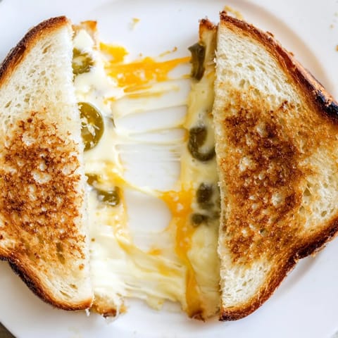 A close-up of a toasted Cheddar Jalapeño Grilled Cheese sandwich on a plate, with steam rising from the gooey, spicy interior.