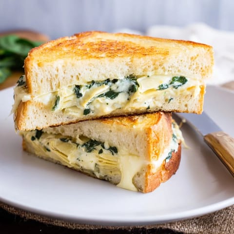 A close-up of spinach artichoke grilled cheese with melted mozzarella oozing from buttery toasted sourdough slices.