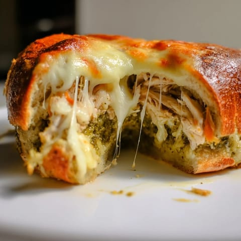 Slices of Mozzarella Pesto Chicken Grilled Cheese on a plate, revealing gooey cheese and tender chicken between crispy bread.