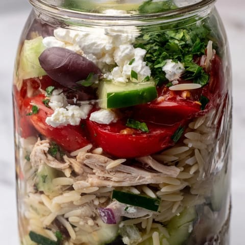 A colorful mason jar salad with cherry tomatoes, bell peppers, and creamy feta, perfectly prepped for an easy, grab-and-go meal.