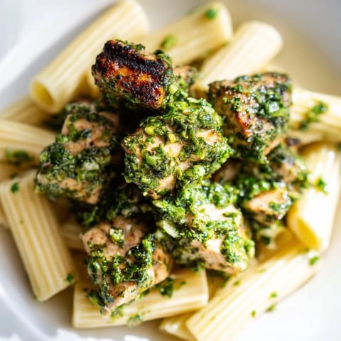 Tender grilled chicken breast strips and pasta coated in a vibrant, garlicky chimichurri sauce, served warm with lemon wedges on the side.