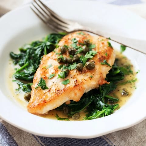 Tender Spinach Lemon Butter Chicken cutlets served over wilted spinach, garnished with parsley and lemon slices.