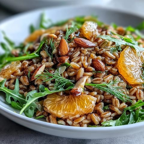 Bright orange segments and shaved fennel mix with nutty farro in a fresh Farro Salad with Fennel, Oranges, and Almonds.