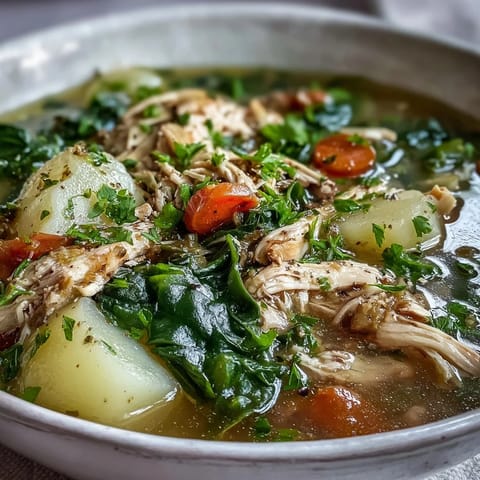 Hearty collard greens and chicken soup with tender vegetables, steaming in a bowl.
