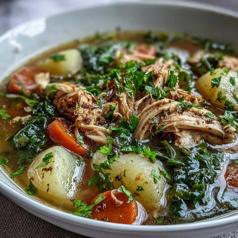 Comforting bowl of collard greens chicken soup, served with fresh parsley garnish.