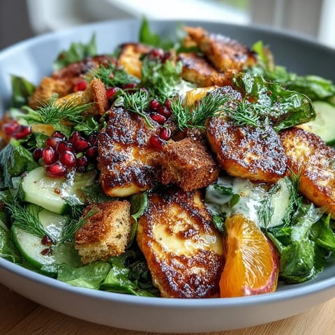 Fresh blood orange rounds and warm halloumi cheese mingle with sourdough croutons in this bright Levantine-inspired salad.  