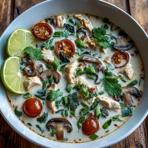 This aromatic Best Ever Tom Kha Gai Soup is garnished with fresh cilantro and green onions, with lime wedges resting on the side for squeezing.