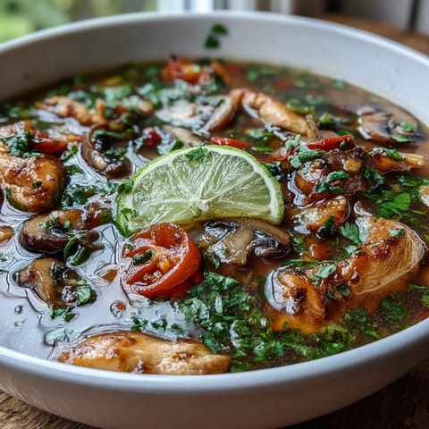 Spicy and sour Tom Yum Chicken served with lime wedges and cilantro on a rustic table.