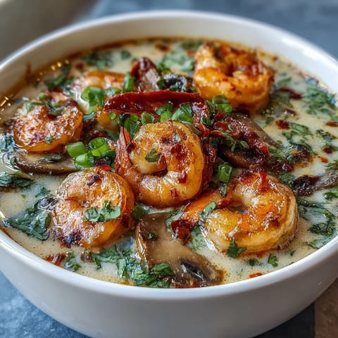 Spicy and tangy Thai Coconut Shrimp Soup garnished with cilantro and lime wedges, served hot alongside steamed jasmine rice.