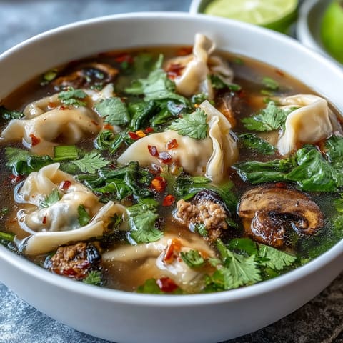 A close-up of Tom Yum Wonton Soup with bok choy and fresh lime wedges, capturing the aromatic Thai-Chinese flavors.