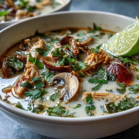 A steaming bowl of Tom Kha Soup featuring aromatic herbs, sliced chicken, and mushrooms on a rustic table.