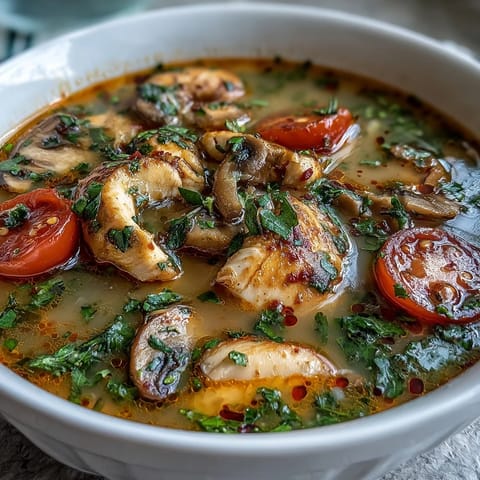 Steaming Tom Yum Gai with tender chicken slices, mushrooms, and fresh Thai chiles.