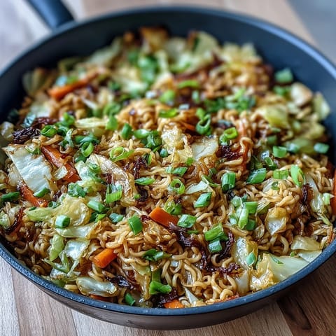 A serving of Fried Cabbage Ramen plated with chopsticks, highlighting the crunchy vegetables and chewy noodles. 