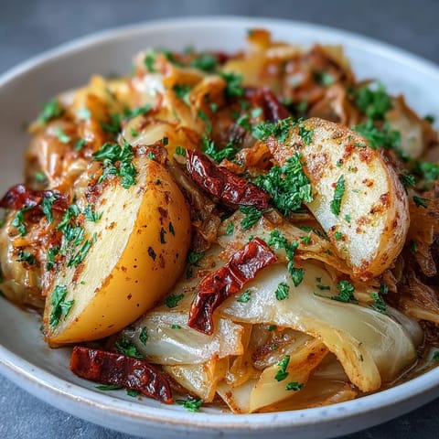 Savory Braised Cabbage With Potatoes and Chili simmered in a rich, aromatic broth, garnished with fresh parsley and ready to serve.