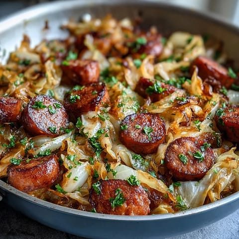 Sizzling sliced sausage and sweet onions mingle with wilted cabbage in this Smothered Cabbage With Sausage Skillet.