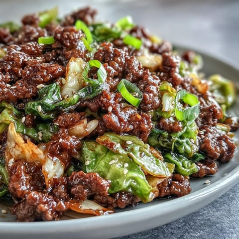 Steaming Chinese Ground Beef and Cabbage Stir-Fry piled on a plate, garnished with green onions and sesame seeds, served alongside cauliflower rice.