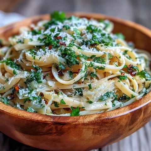 Freshly grated Parmesan and garlic infused pasta topped with chopped parsley and lemon zest, served on a white plate for dinner.