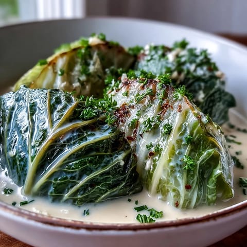Golden cabbage wedges simmer in a savory Parmesan broth, garnished with fresh chives and parsley.