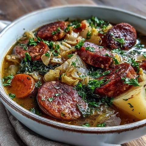 Fork-tender potatoes and green cabbage swim in a rich broth with smoked sausage slices.