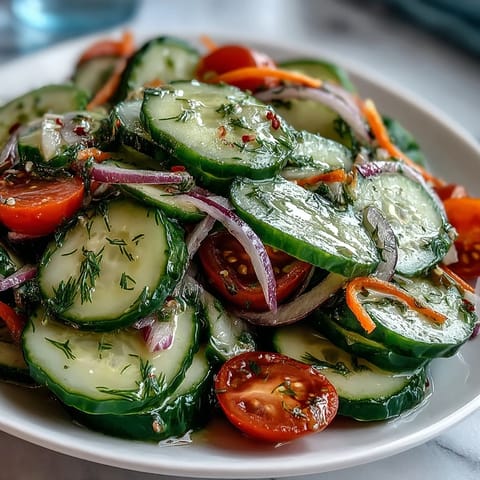 A close-up of a Refreshing Crunchy Cucumber Salad featuring thinly sliced cucumbers, red onions, and fresh dill in a glistening vinegar dressing.