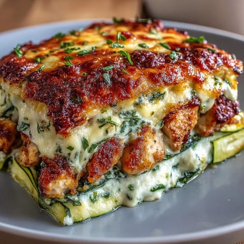 Tender, golden-seared chicken and crisp zucchini slices layered in a creamy, savory Greek yogurt egg blend.