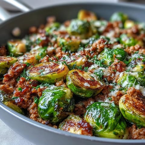 Brussels Sprouts & Ground Turkey Skillet plated next to a bright salad, garnished with Parmesan, ideal for a quick weeknight dinner.