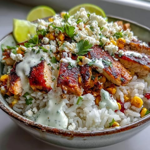 A close-up of Street Corn Chicken and Rice Bowls with juicy sliced chicken, fluffy rice, and fresh cilantro garnish.