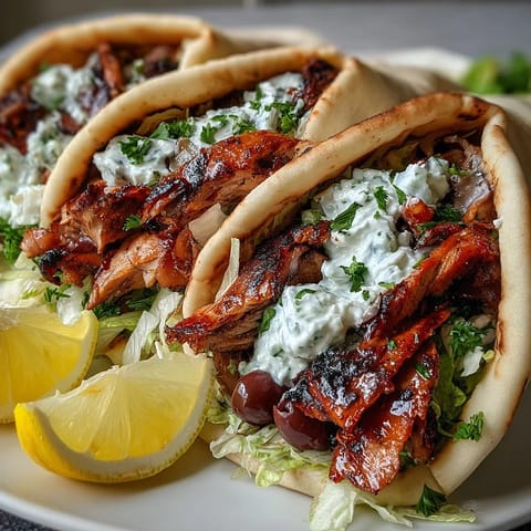 Freshly assembled Mediterranean Chicken Gyros packed with juicy sliced chicken, Kalamata olives, and red onion served with lemon wedges.