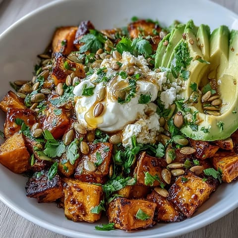 Savory and sweet Hot Honey Sweet Potato Bowl garnished with fresh cilantro and toasted pumpkin seeds served in a rustic bowl.