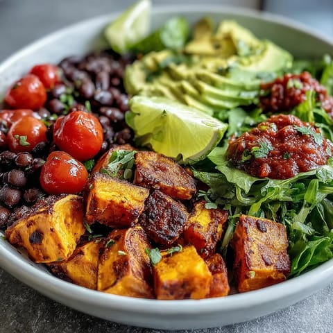 Roasted sweet potatoes and hearty black beans form the base of this vibrant Tex-Mex Sweet Potato and Black Bean Bowl topped with fresh avocado.