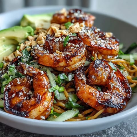 Juicy grilled shrimp rest on sesame dressed noodles, topped with bean sprouts, scallions, and cilantro in a vibrant, easy bowl.