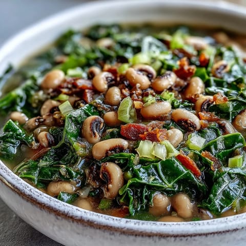 Steaming bowl of Black-Eyed Peas With Collard Greens served with a wedge of golden cornbread for a Southern meal.